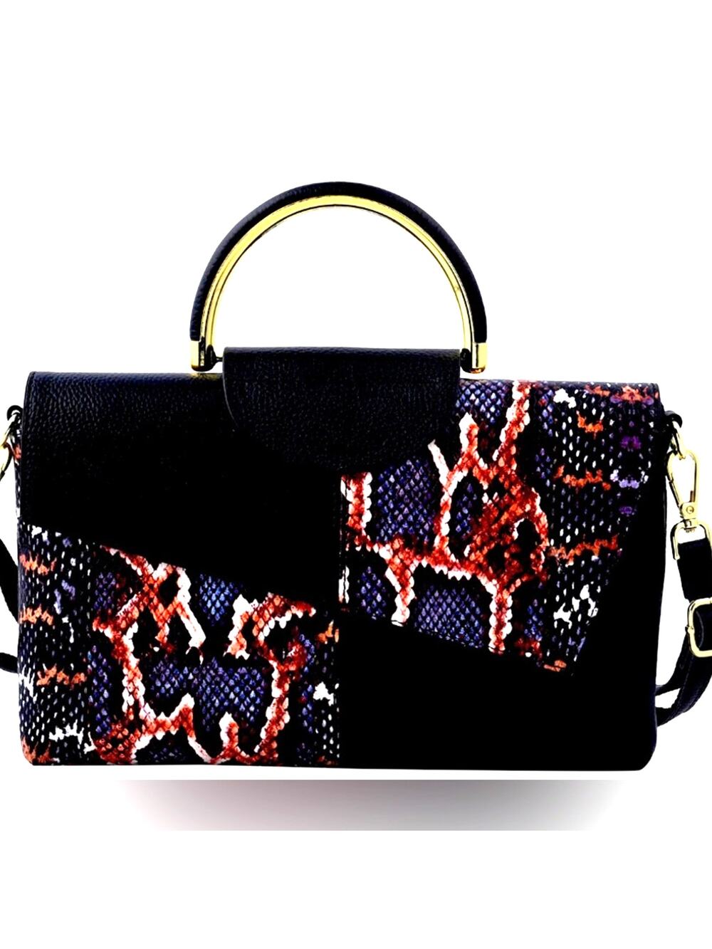Black and Purple Snake Print Genuine Leather Convertible Bag with Shoulder Strap